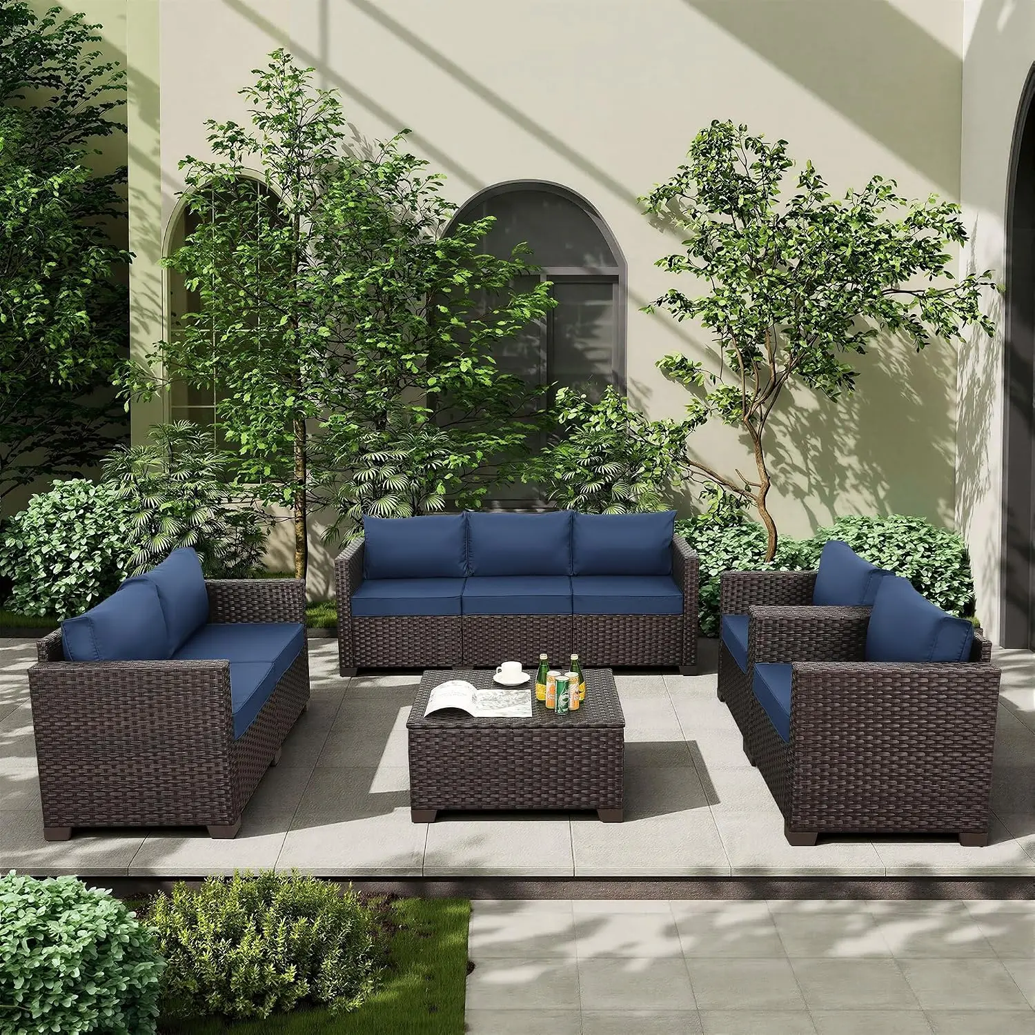 5-Piece Outdoor Patio Sofa Set With Storage Coffee Table, No-Slip Cushions & Waterproof Covers, Navy Blue, Customized