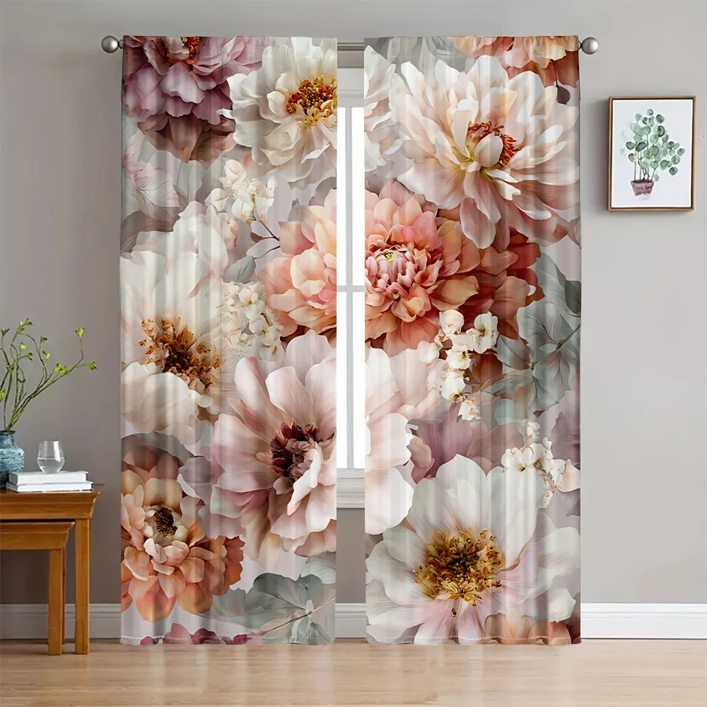 2-teilige Elegante Blumen-Pfingstrosen Aquarell-Vorhänge in Zartrosa, Ästhetische Transparente Gardinen für Wohnzimmer, Heimdekoration Fenstervorhänge