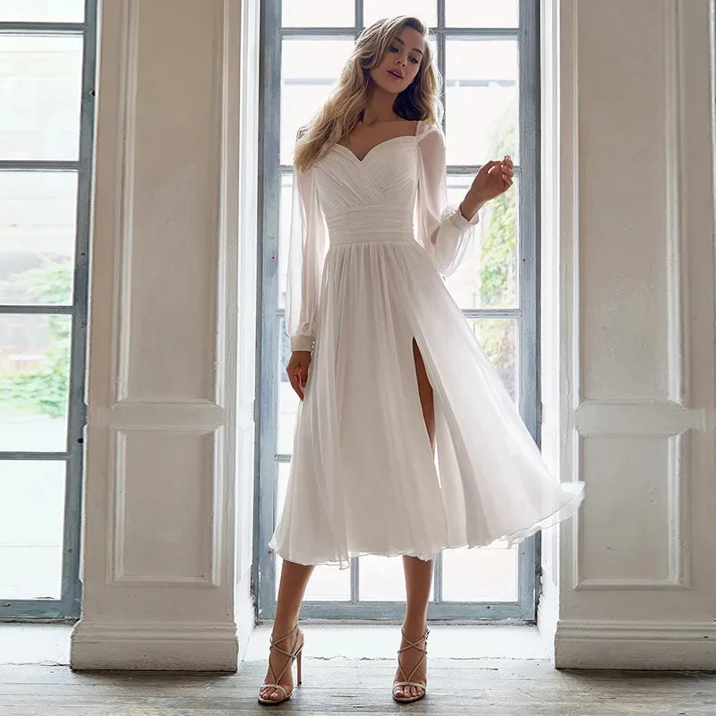 Boho Ivory Chiffon Wedding Dresses Simple Tea Length Bridal Gowns Long Puffy Sleeves Side Split Wedding Party Dress