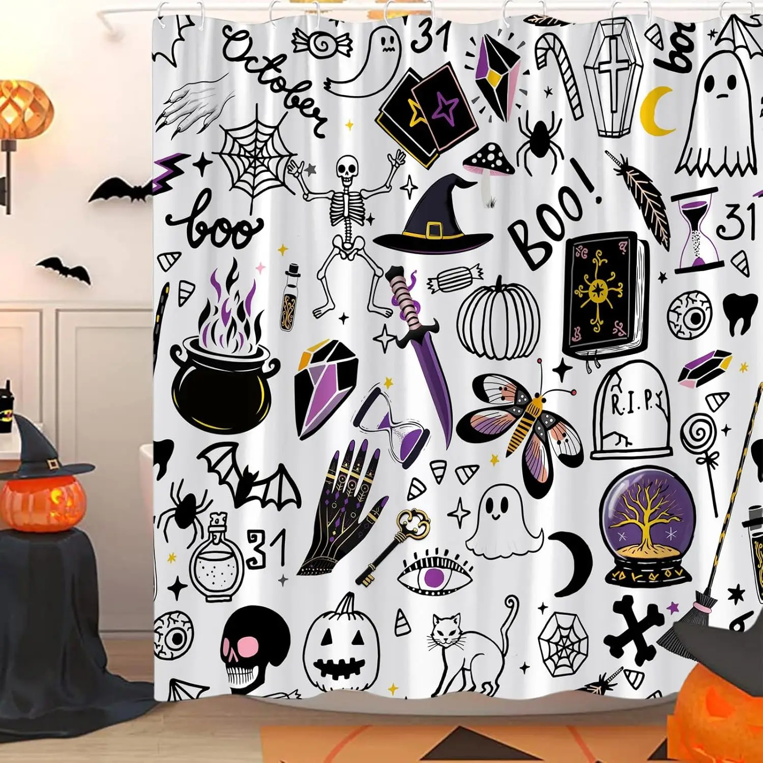 

Занавеска для душа на Хэллоуин, черная алхимия, бохо, волшебная ведьма, винтажное колдовство, жуткий скелет, готический череп, летучие мыши, милые призраки, страшные