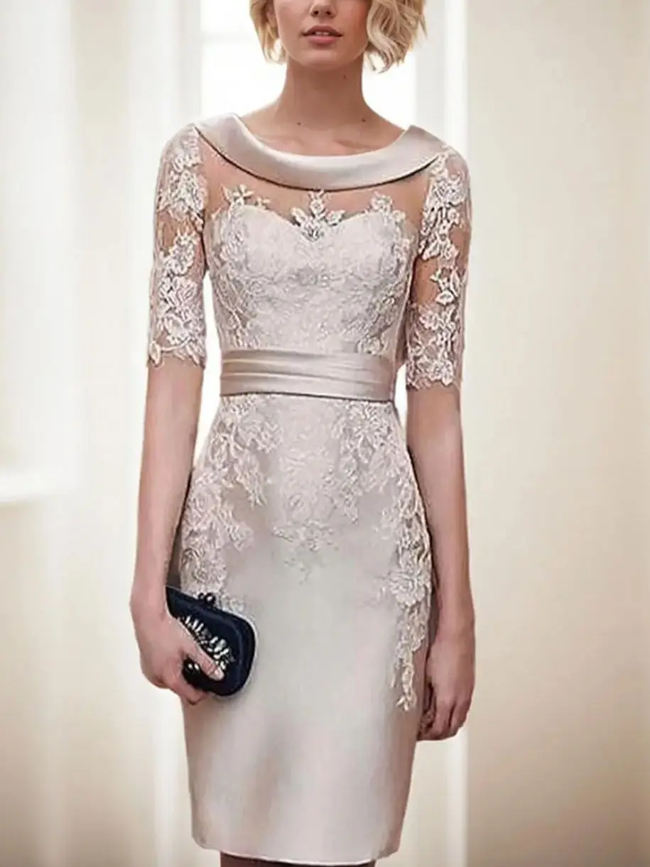 

Elegant Classic Sheath Wedding Guest Dress Boat Neck Satin Knee Length Half Sleeve Appliques Lace Prom Gown 2025 free customized