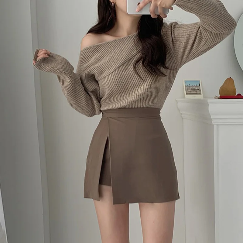 Female Chic Tide Black Skirts Fashion Streetwear Women Summer Korean Solid Color Sexy Slit Skirts Thin High Waist A-line Skirt