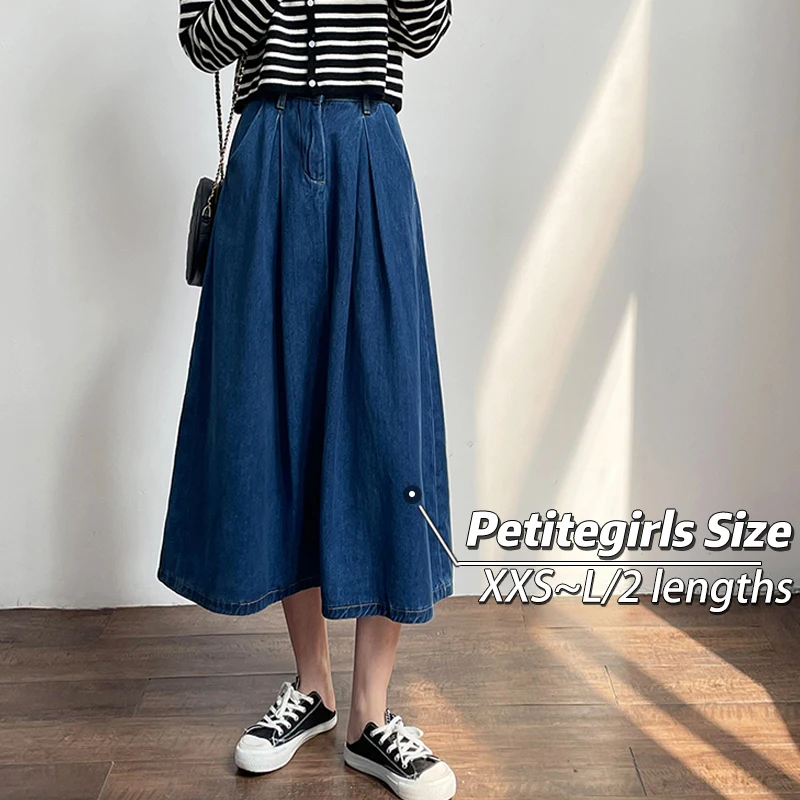 150 Small short tall waist dark blue tall A-line denim skirt Female pear figure pleated mid-long summer