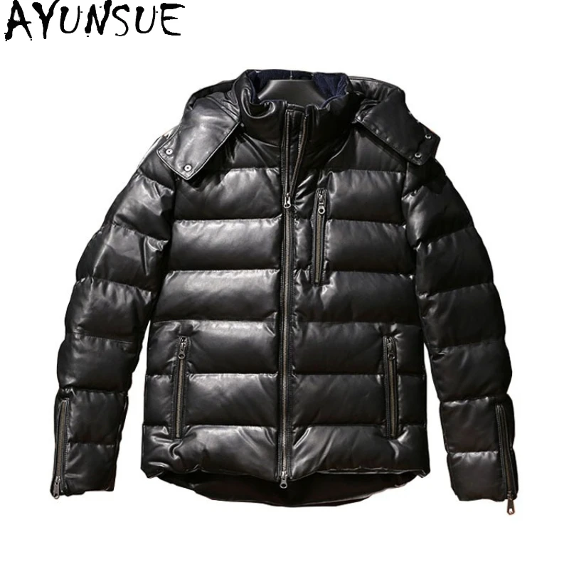 

AYUNSUE 100% Real Sheepskin Leather Down Jacket Men Hooded Winter Vintage Warm Genuine Leather Jackets Man Casual Puffer Coats