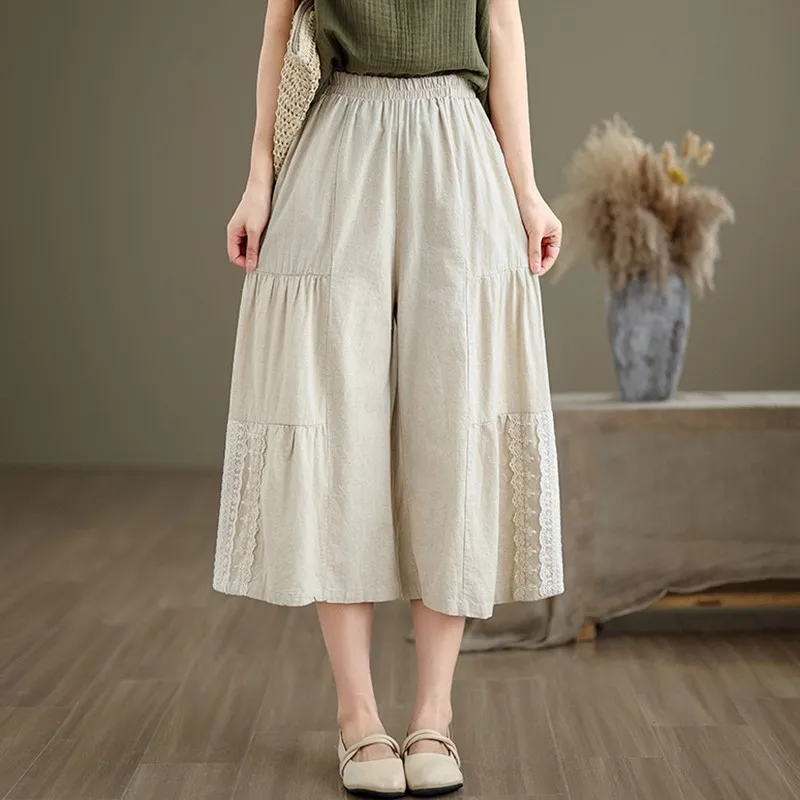 Women Casual Wide Leg Pants New Arrival 2024 Summer Vintage Style Patchwork Lace Loose Female Calf-length Casual Pants B3751