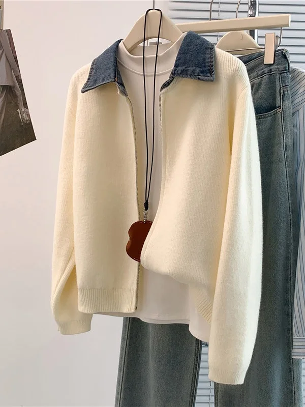 Coréen japonais haut de gamme Denim Patchwork pull Jaet grande taille Ele Double fermeture éclair tricoté irt décontracté coupe ample