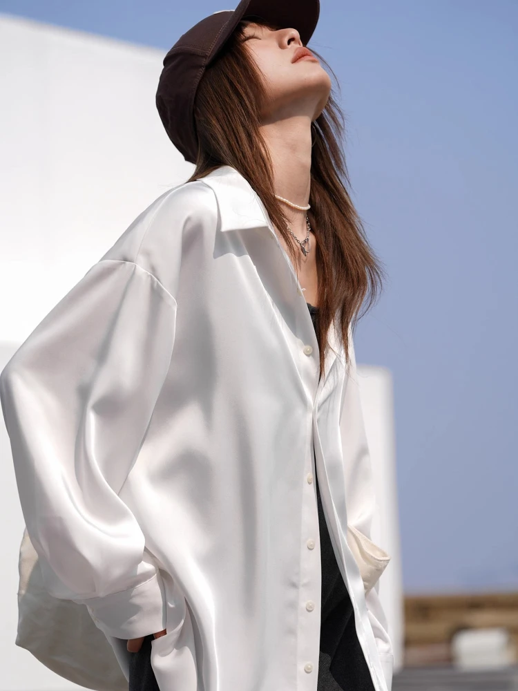

Summer 2025 Women's Long Sleeve Solid Color Shirt Acetate Satin Chiffon Drape Anti-Wrinkle Design Unique Style Snowflake Top