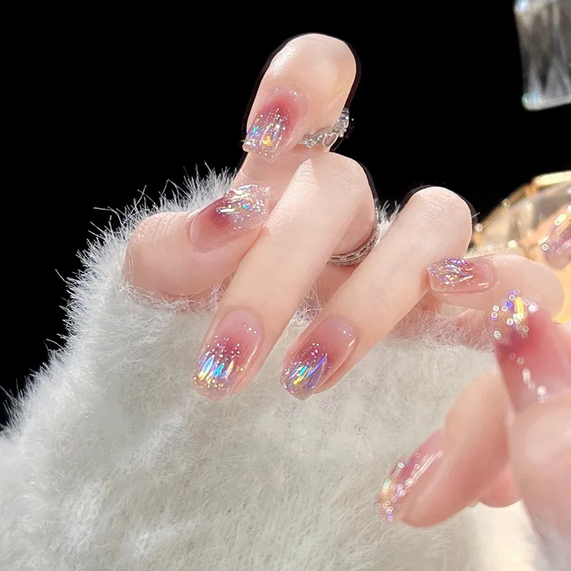 24 Stuks/1 Doos Zachte Witte Diamant Blush Glitter Ijs Penetratie Nep Nagels