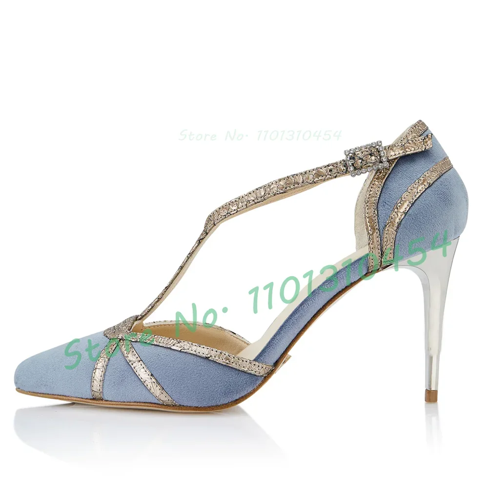 Silver Strap Blue Suede Sandals Women Elegant Closed Toe Cover Heels Shoes Ladies High Heel Central Strip Vintage Dress Sandals