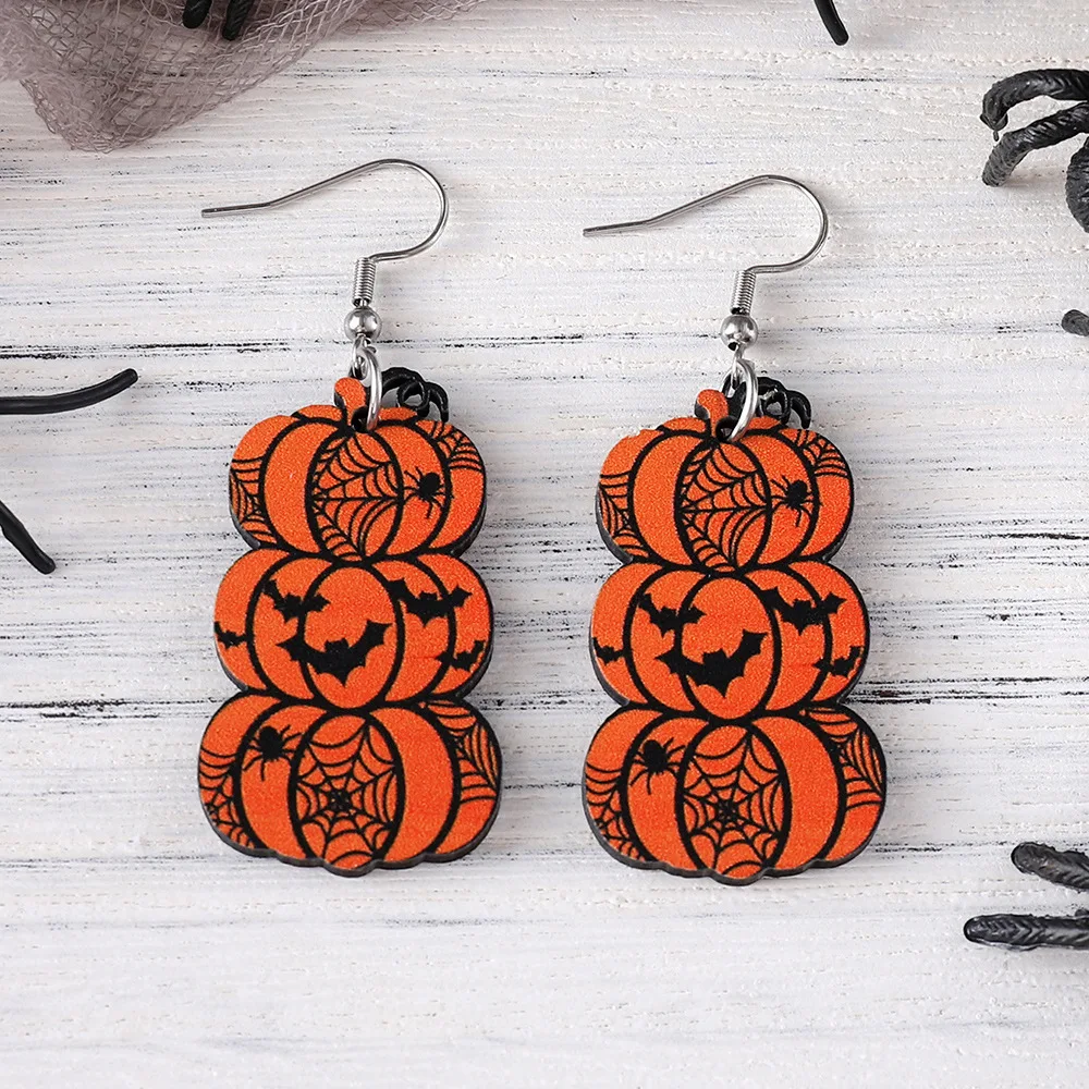 Halloween Bat Grimace Pumpkin Pendant Earrings Wooden Goth Accessories image 3
