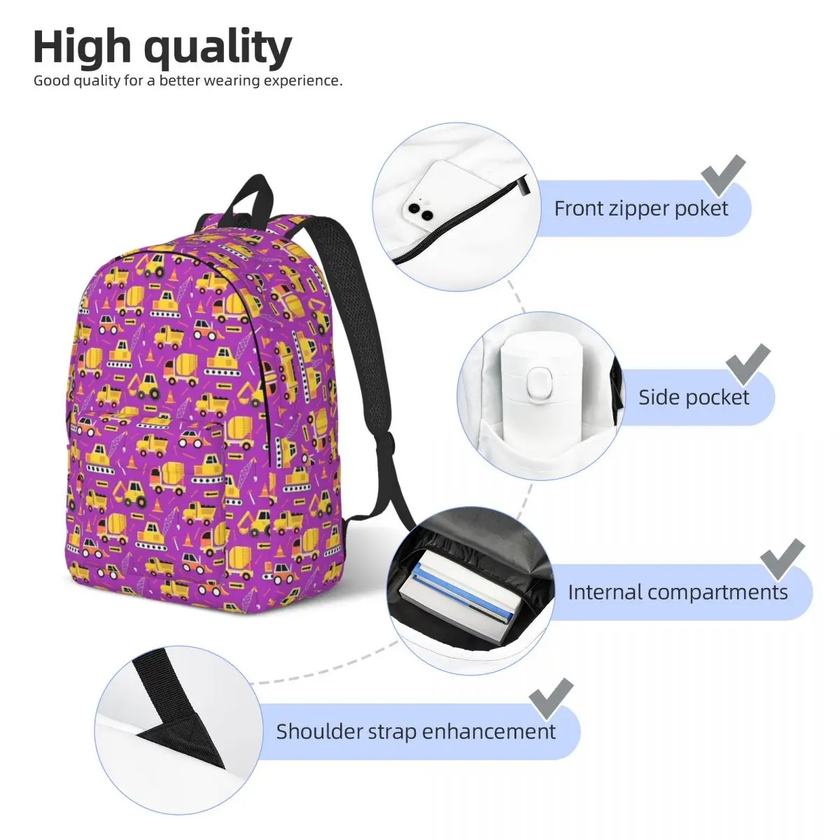 Bau LKW auf hell lila Rucksack Kinder Schüler Schule Buch Taschen Leinwand Tages rucksack Vorschule Primär tasche mit Tasche