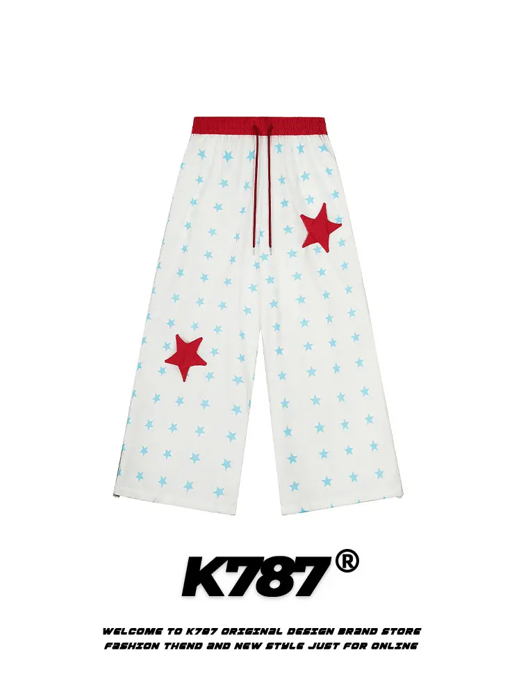 

K787 American Retro Star Print Drawstring Casual Pants High Waist Sports Fun Loose Straight Leg Wide Leg Men's Women's