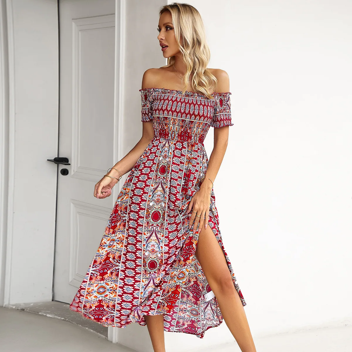 Women Short Sleeve Boho Printed Floral Long Dress for Summer Split Cold Shoulder