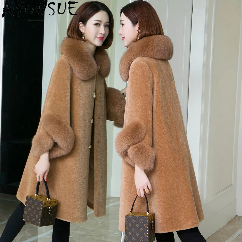AYUNSUE 100% Wool Coat Women Clothes 2025 Winter Jacket Fashion Sheep Shearling Coats Woman Warm Fox Fur Collar Composite Fur