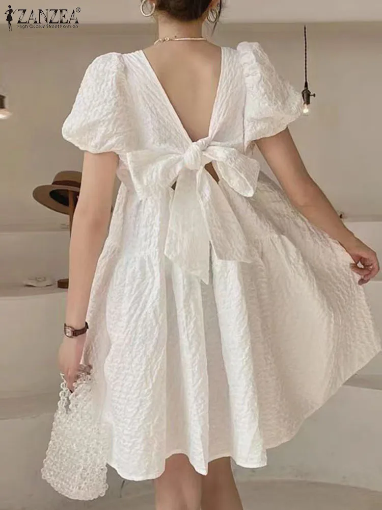 ZANZEA Sweety Women Mini Dress Korean Puff Short Sleeve Short Robe Elegant Bow Tie Evening Dress 2024 Summer A-line Party Dress