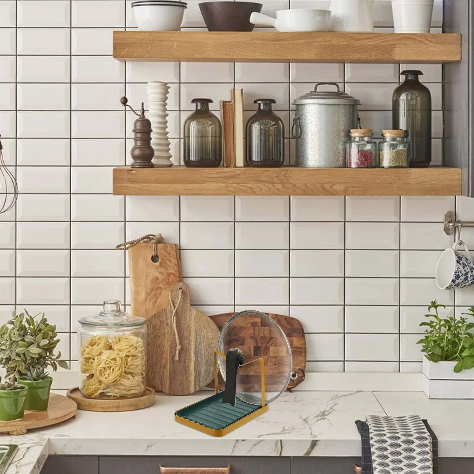 

Black Kitchen Pot Lid Rack Spoon Holder Countertop Utensil Gadget Pan Cover Rest Storage Organizer Cutting Board Stand