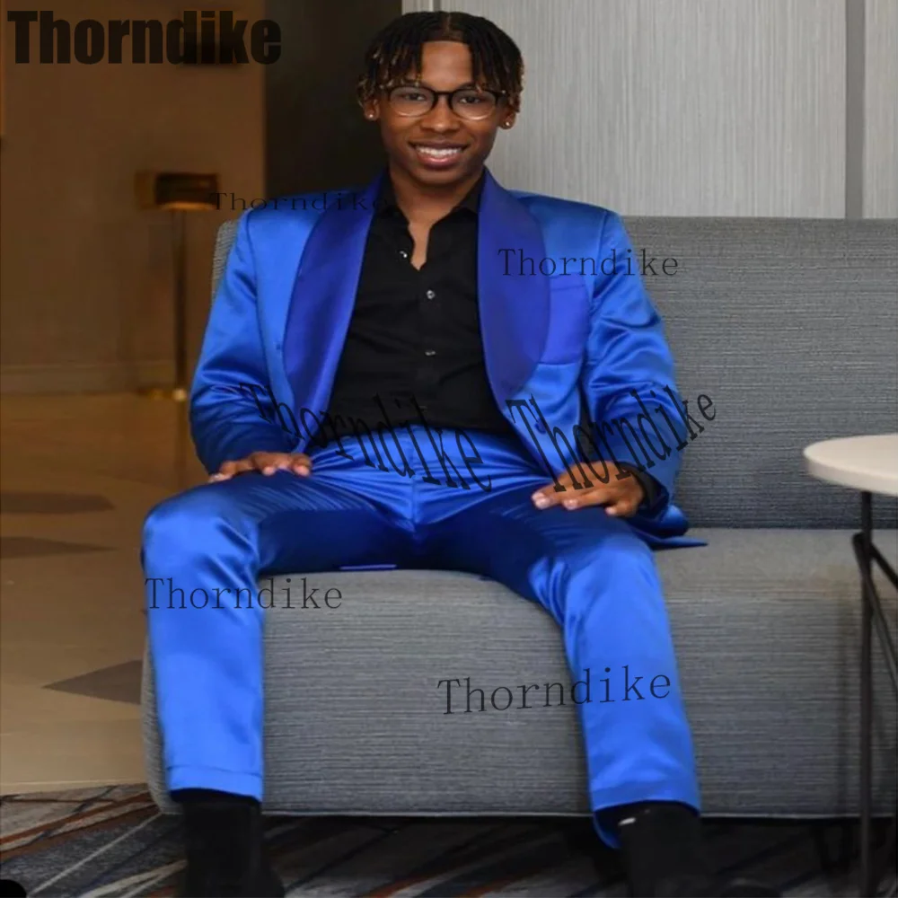 

Thorndike 2 Piece Wedding Tuxedo Slim Fit Men Suits Royal Blue Satin Male Fashion Jacket with Pants Shawl Lapel Costume