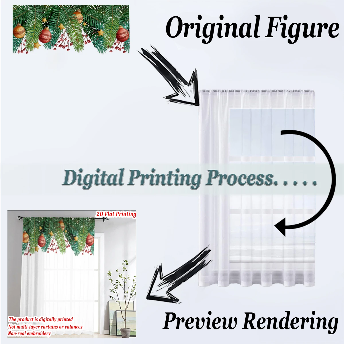 Christmas Flat Printing Sheer Curtain with Christmas Ball Berry Star Pine Branch for Living Room Bedroom Decor Holiday Party