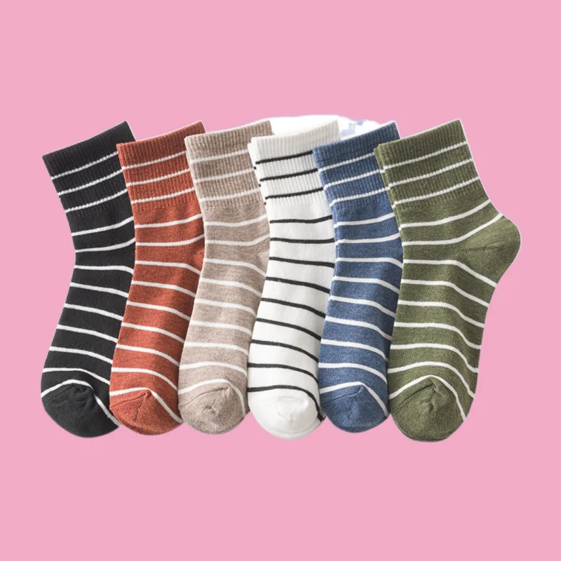 6/12 Pairs New High Cuffs Fine Horizontal Stripes Middle Tube Casual Socks Women Style Women's Thin Stacked Socks