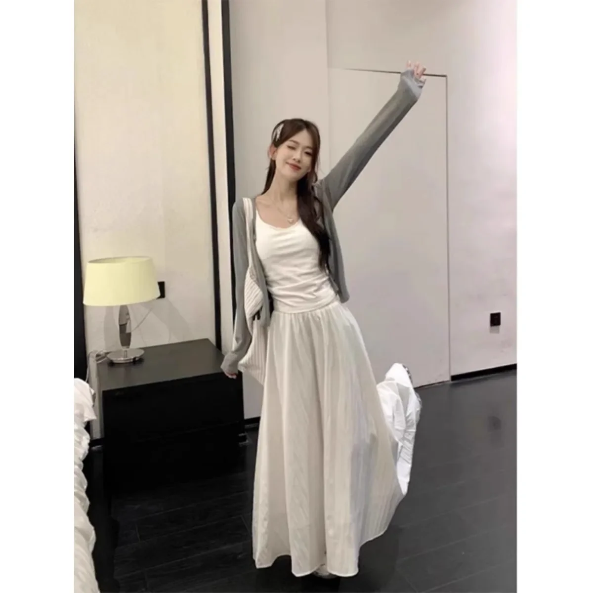 رمادي سليم صالح محبوك سترة مفتوحة كم طويل ملابس خارجية غير رسمية بسيطة تنوعا العلامة التجارية المرأة طاقم الرقبة البلوز الأعلى #3