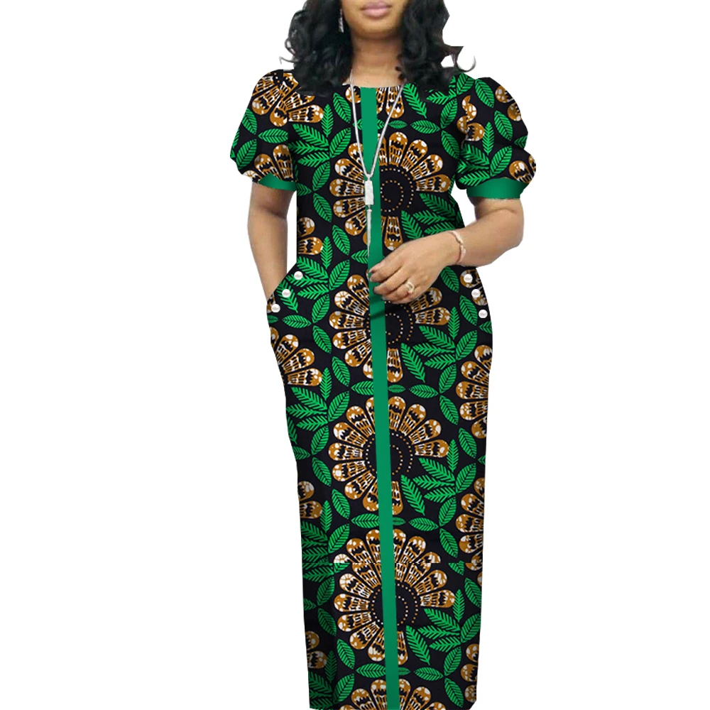 Elegant ผู้หญิงแอฟริกันชุด O-Neck พัฟแขนสั้นยาว Maxi ชุดแอฟริกันพิมพ์เสื้อผ้า Bazin Riche Plus ขนาดชุด WY4542