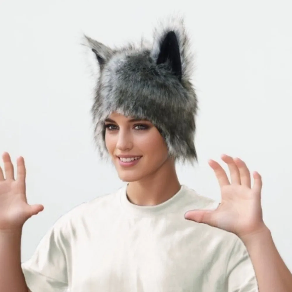Grey Wolf Paw Cosplay Set Fluffy Texture Animal Wolf Hat with Ears Faux Fur Hairy Werewolf Paw Mitten Halloween Party
