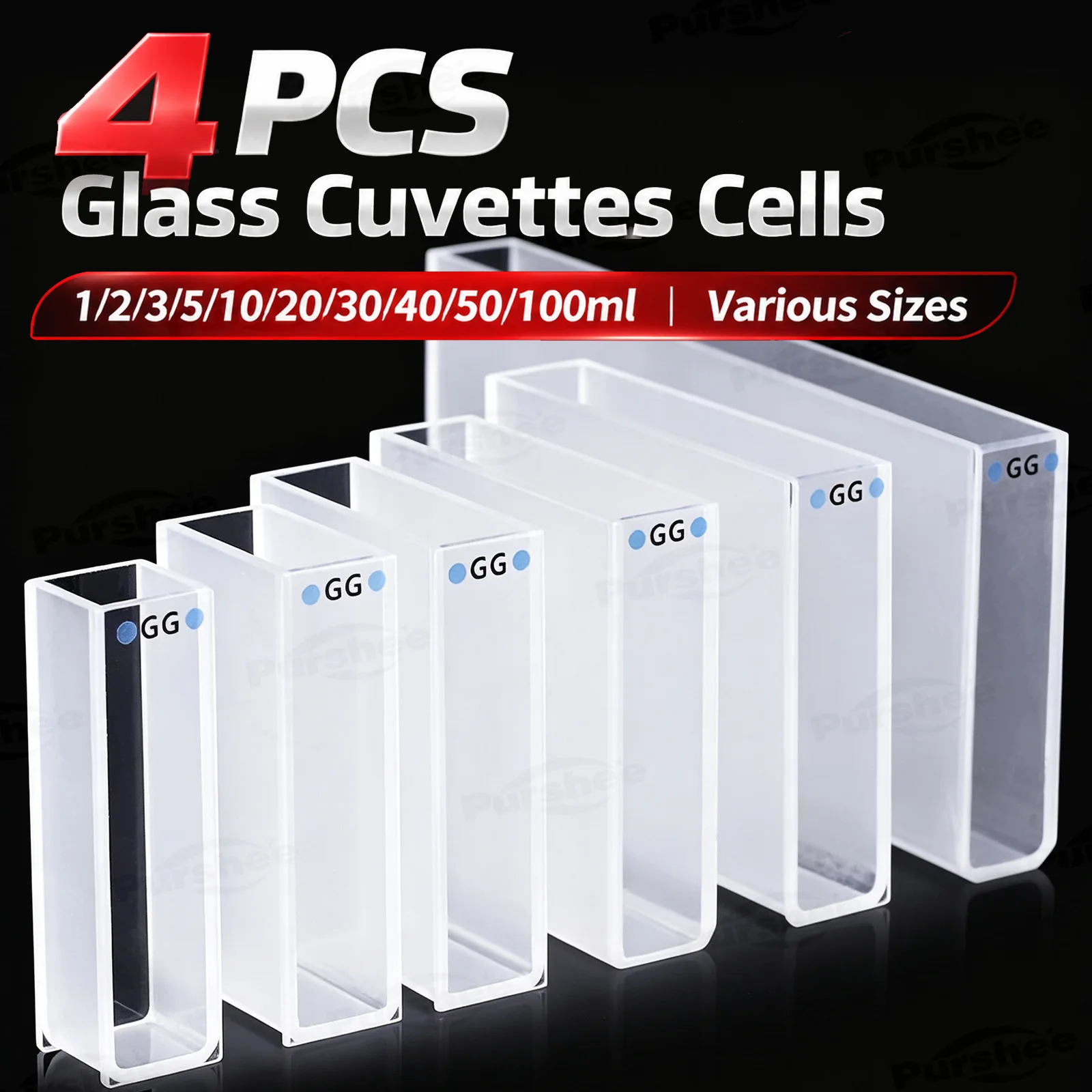 4 cuvettes en verre, tailles variées : 1/2/3/5/10/20/30/40/50/100 ml, fabrication par frittage, sans colle, adaptées aux spectrophotomètres.