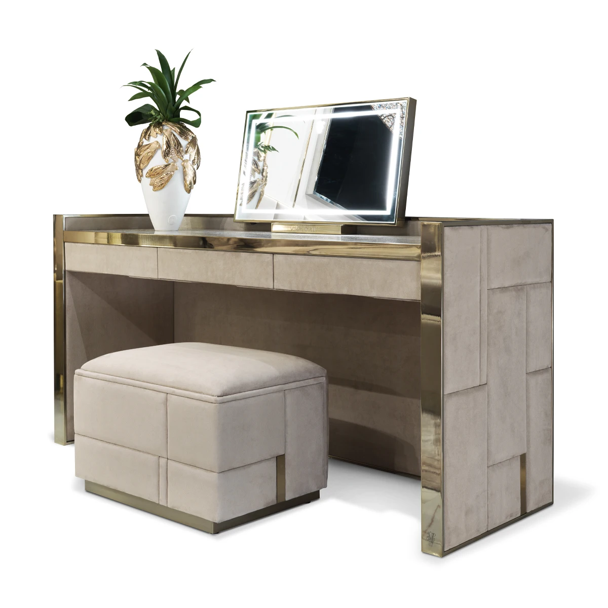 Luxury Bedroom Furniture Nubuck Fabric Dressing Table Set Marble Dressing Room Stainless Steel Vanity Make up Table with Mirror