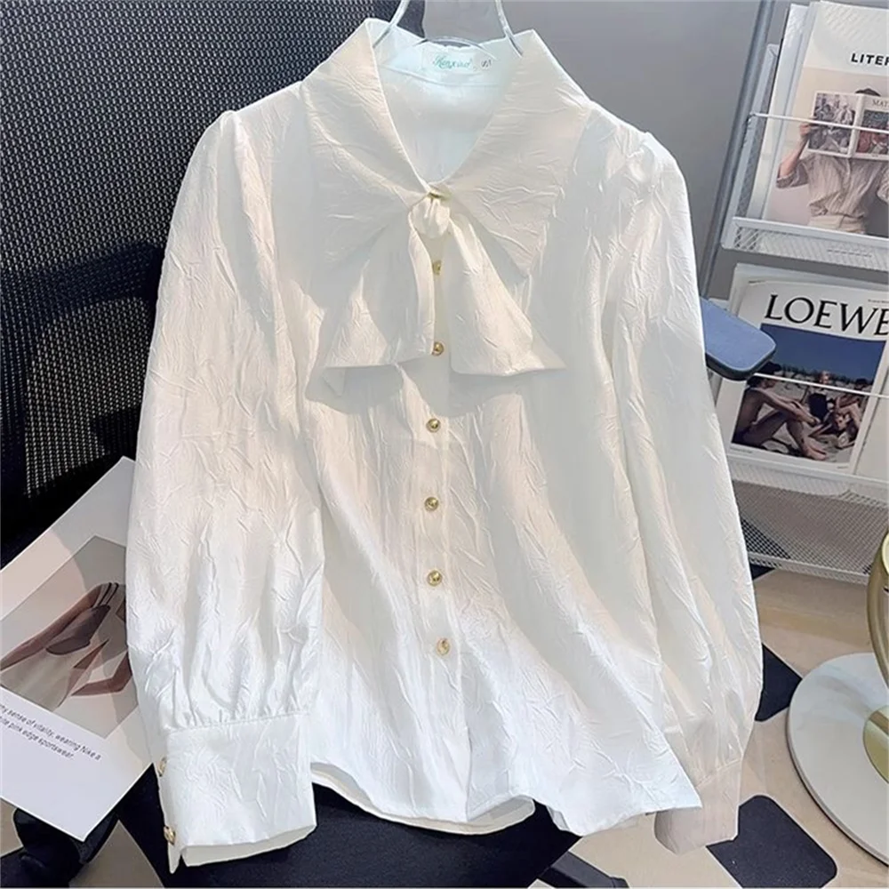 

Bow Elegant White Shirt Women Loose Vintage Long Sleeve Sweet Blouse Casual Spring French Retro Female Pleated Design Tops New