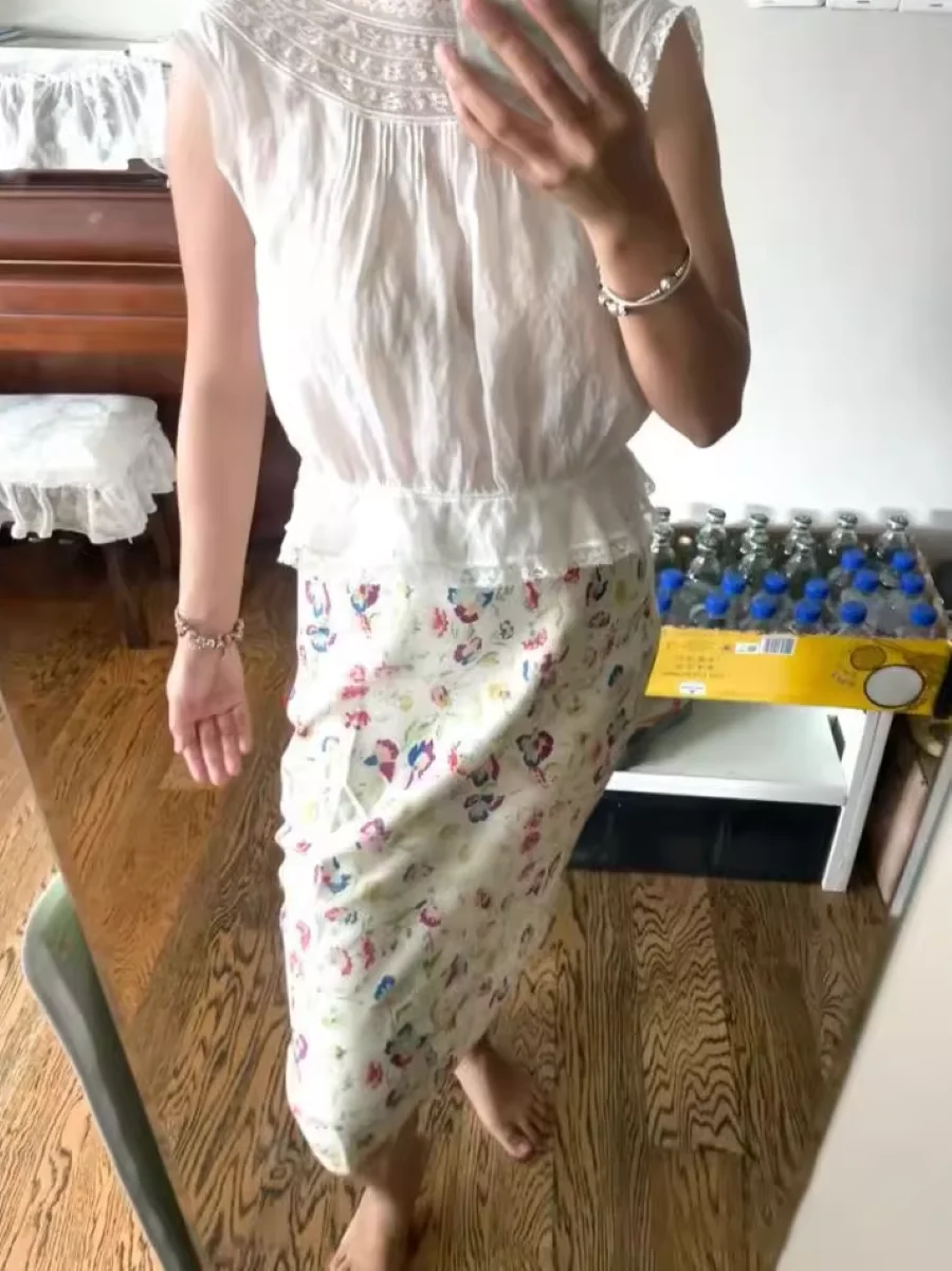 

Flower Print Women Keen-Length Skirt Lace Stitching High Waist Slim Jupe