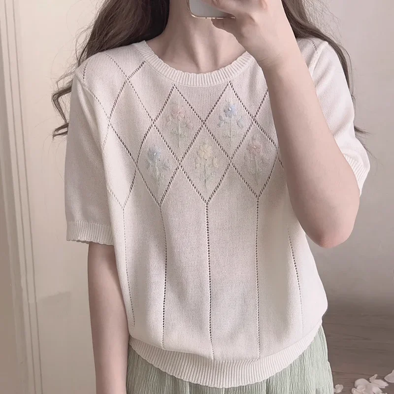 Prairie Chic Knitted Tops Tee Women Handmade Floral Embroidery Loose Tshirt for Sweet Girl Kawaii Clothes