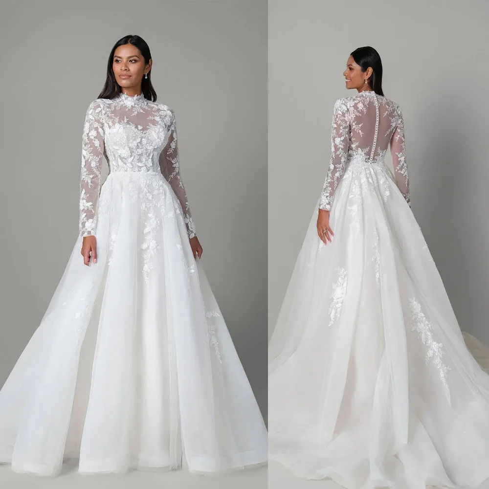 Elegant Bridal Jacket High Neck Lace Appliques Long Seleeves Back Buttons Bride Wraps Customized Wedding Accessories Bolero