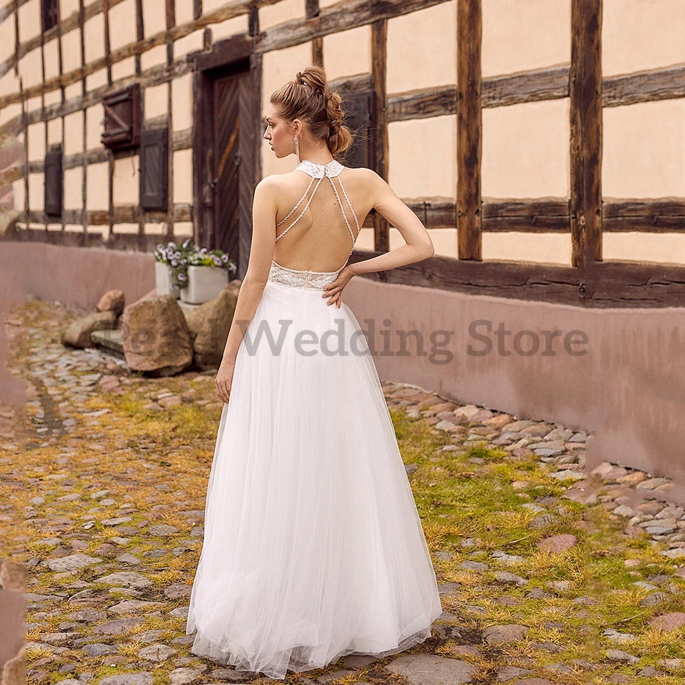 Sexy Wedding Dresses High Neck and Open Back Side Slit Floor Length A-Line Simple Customizable Bridal Beach Seaside Gowns