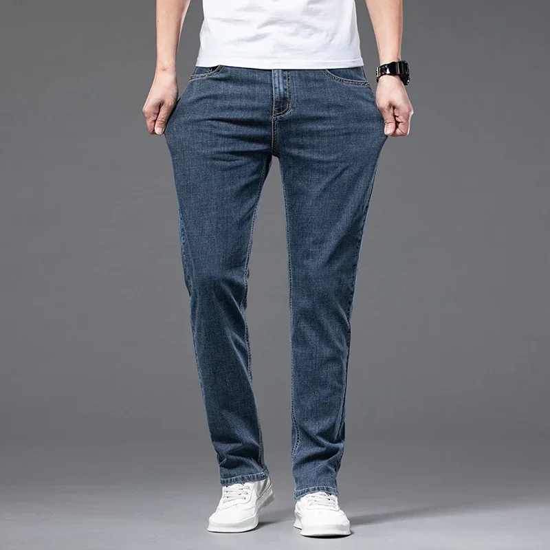 Spring Summer Men's Thin Straight Jeans Smooth Fabric Loose Denim Stretch Trousers Male Brand Pants Blue