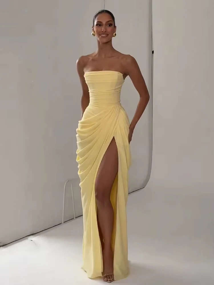 PuTAO Strapless Ruched High Slit White Maxi Dress Elegant Wedding Evening Party Formal Gown Women Bodycon Long Prom Dress