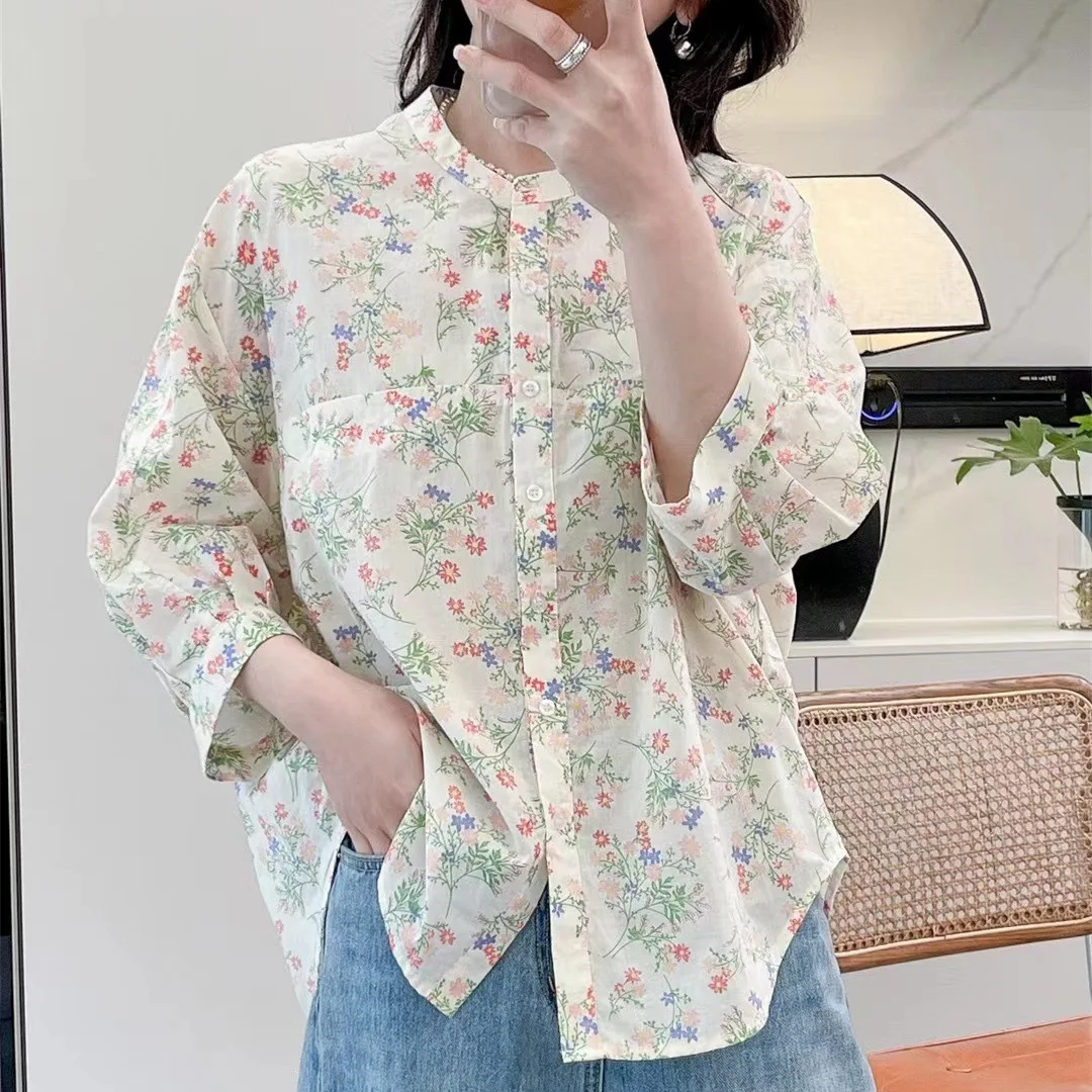 New Spring Cotton Sweet Shirts Women 3/4 Sleeve Floral Printed Tops Girl Casual Loose Elegant Blouses 2024 Summer T44391QM