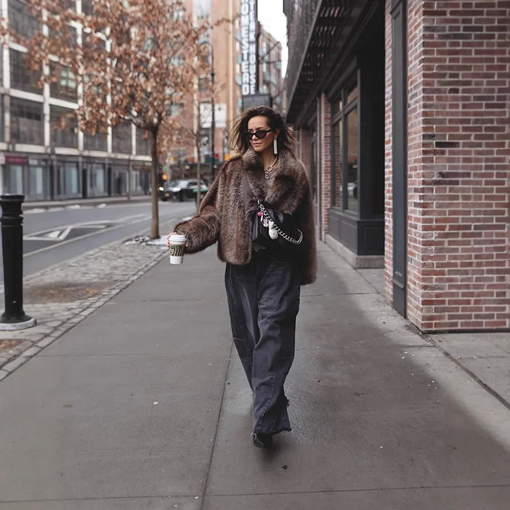 Vintage Winter Women Gradient Faux Fur Jacket Lapel Collar Artificial Eco Faux Fur Coat Thickened Short Lady Fluffy Fur Outwear