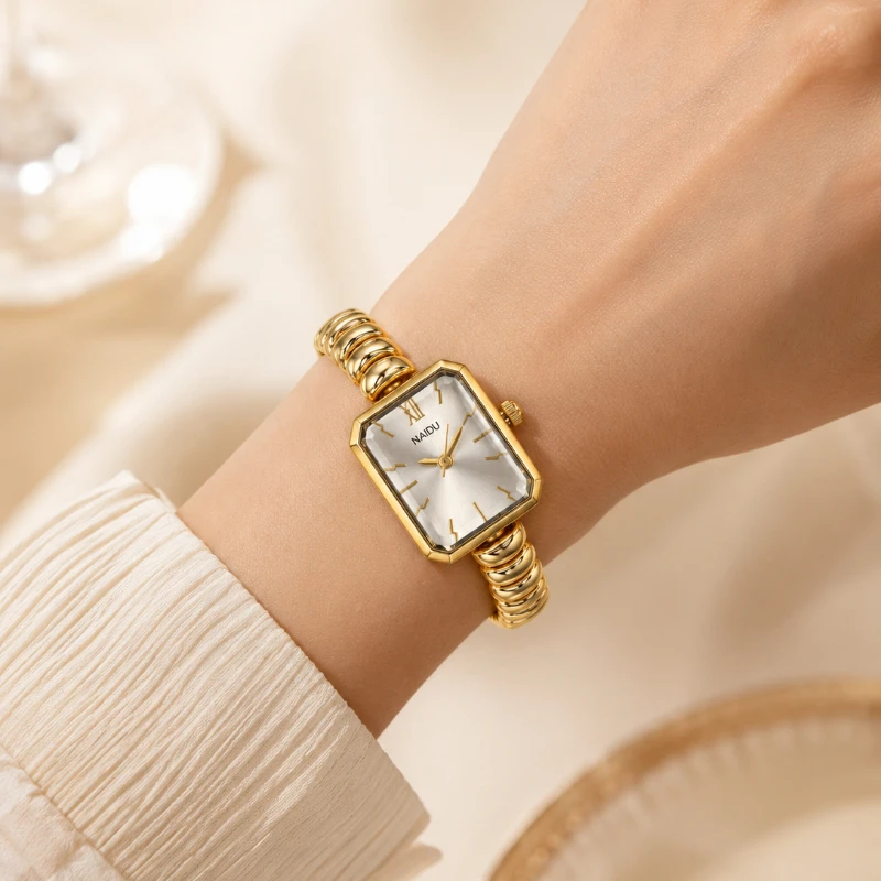New NAIDU Ladies Wristwatch Luxury Simple Gold Rectangle Dial Women's Quartz Watch Fashion Elegant Female Clock Jewelry Gift
