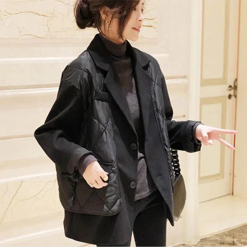 Black Fake Two-Piece Suit Collar Down Jacket Female Korean Style Jacket 2022 Autumn Winter New Women Coat European Station Trend