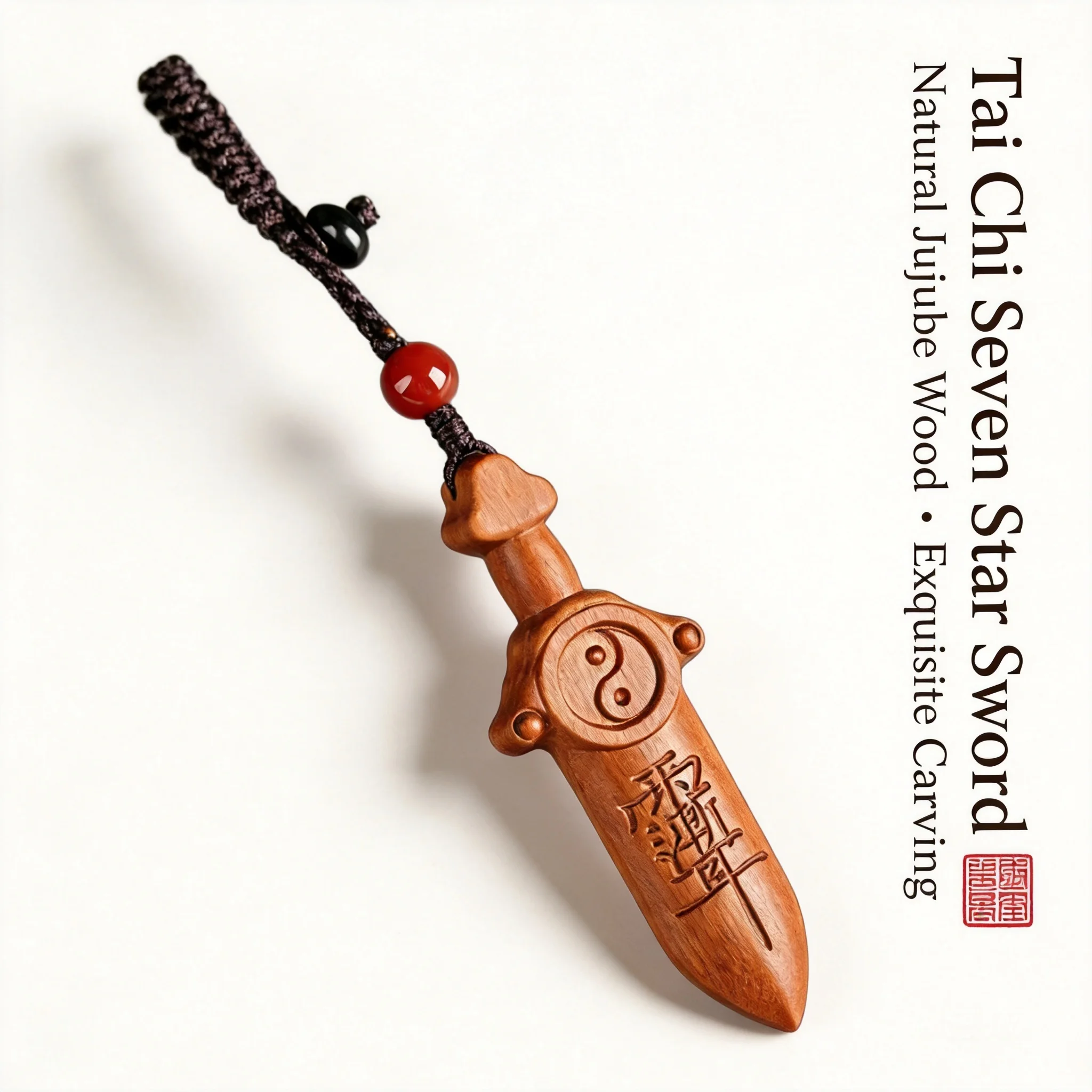 Natural Jujube Wood Carved Tai Chi Seven Star Sword Keychain Pendant Chinese Taoist Lucky Blessing Fortune Amulet Hanging Orname