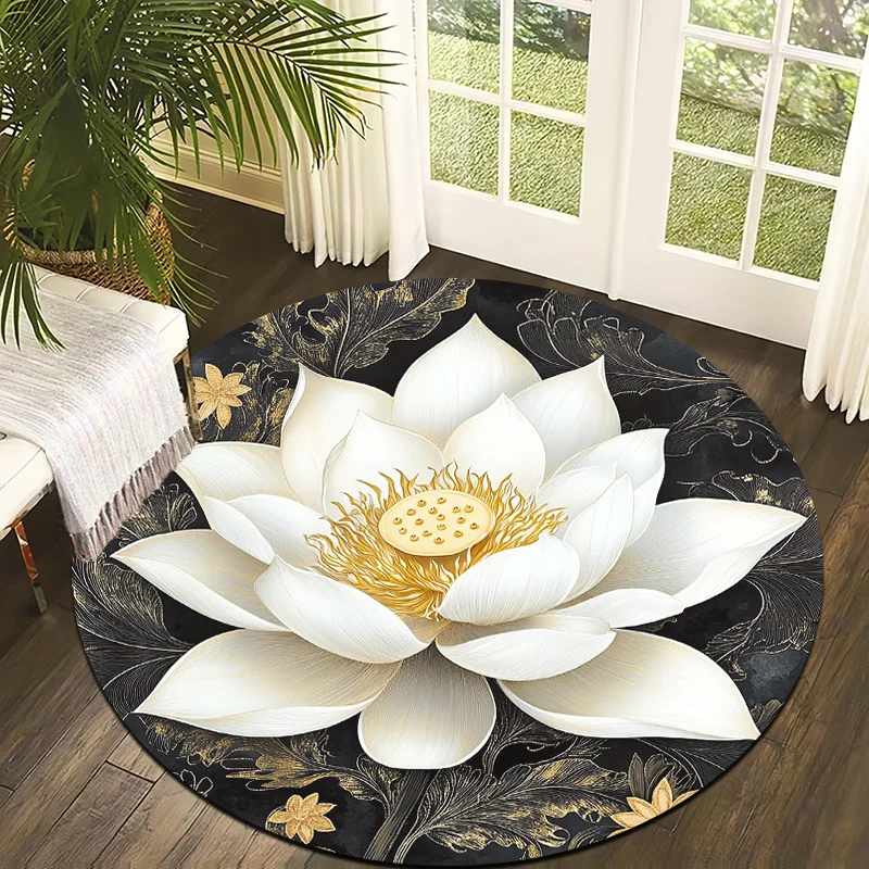 Black Gold White Lotus Theme Flannel-printed round floor mats are slip-resistant Suitable for living room terrace garden carpets