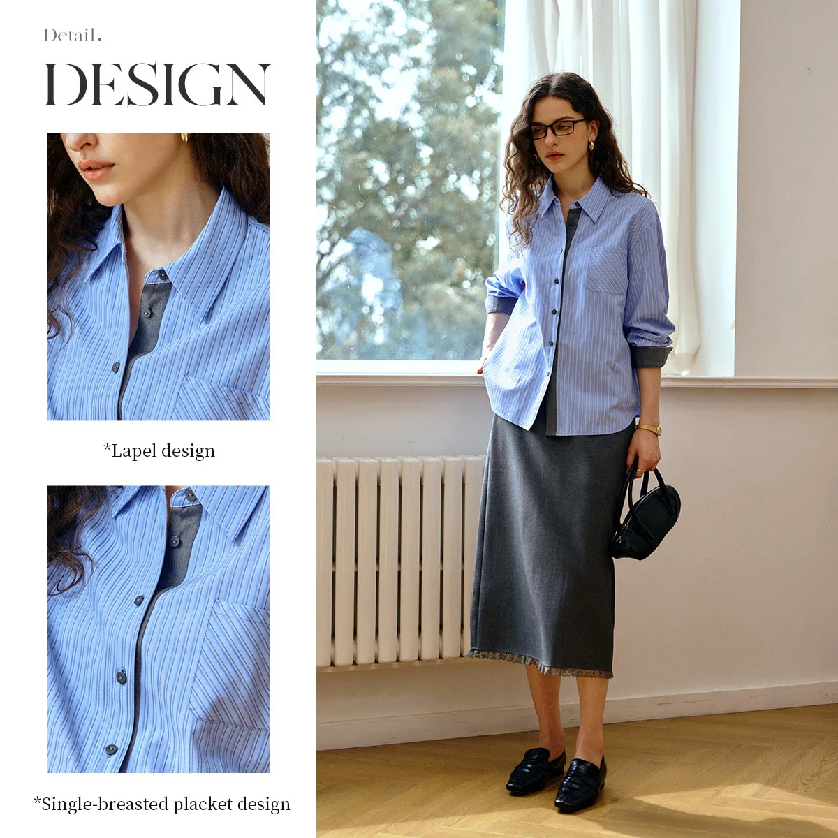 OLrain Women's Striped Shirt 2025 Autumn New Arrival Casual Contrast Placket Loose-fit Turn-down Collar Shirt Tops O57QC001283