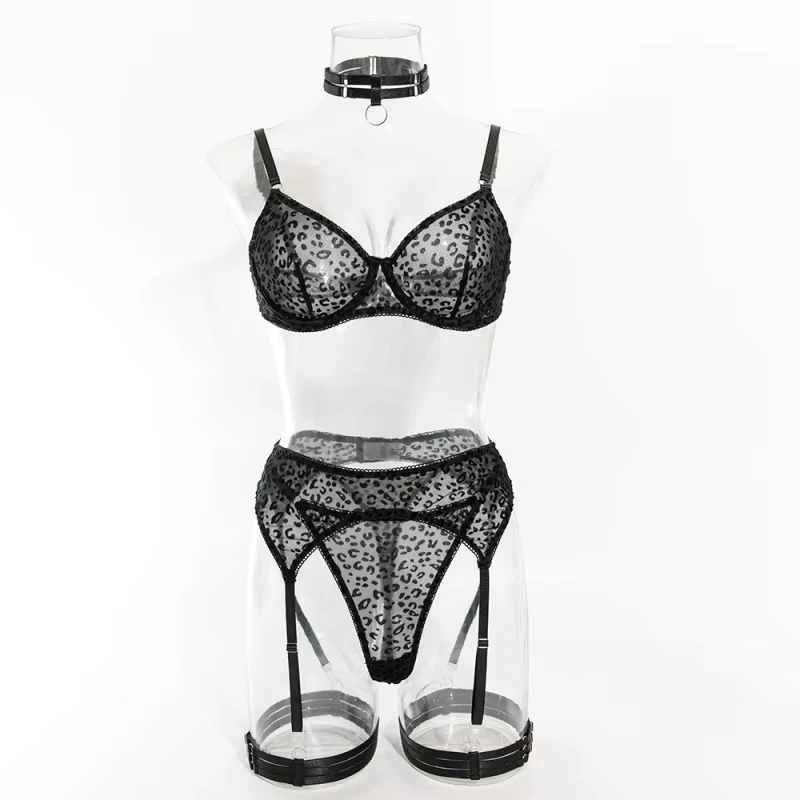 Bikini leopard print transparent black mesh strap underwire push-up sexy swimsuit set