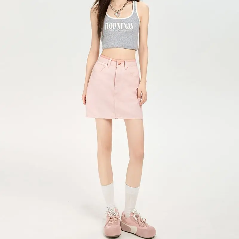 Mulheres rosa de cintura alta emagrecimento ajuste denim mini saias elegantes para mulheres na moda verão novo estilo versão coreana saias bodycon
