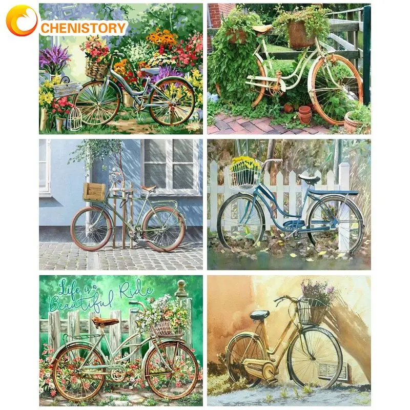 CHENISTORY Acrylic Paint By Numbers Flowers And Bicycles Picture Drawing Adults Crafts Wall Decor Gift Handpainted Canvas Painti