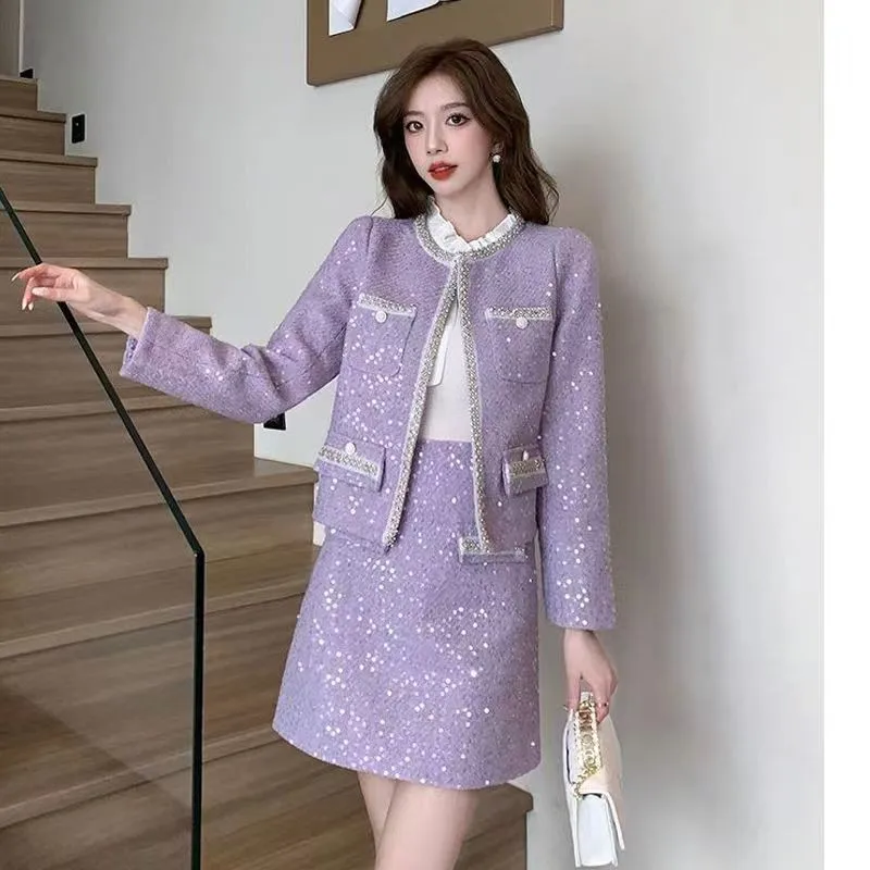 Blazer Suits Mini Skirts Sets Women Plaid Short Two Piece Set Autumn Pink White Slim Tweed Jacket Half Skirt Female Two-piece