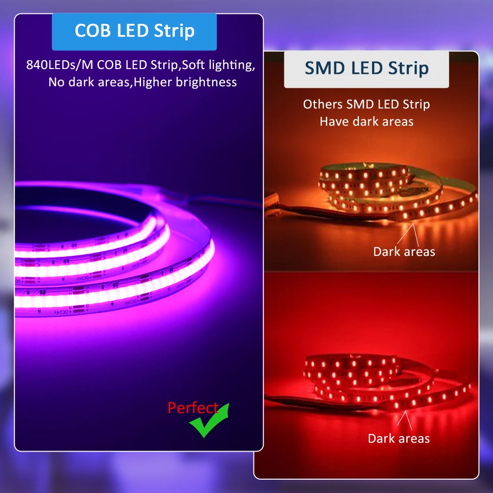 COB RGBCCT 유연한 LED 스트립, 방 장식용 네온 테이프 리본 램프, 840 다이오드, RGB CCT, WW, CW, 24 V, 6 핀, 12mm, 5M