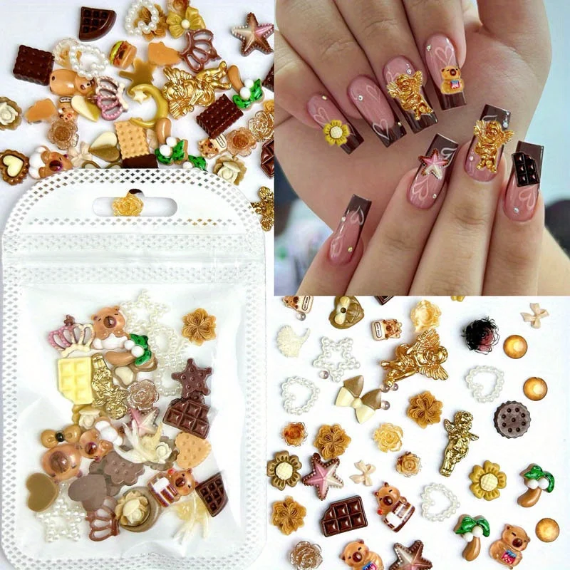 50pcs Resin Coffee Hollow Pearl Bow Biscuits Cartoon Nail Art Jewelry Phone Case Hairpin Diy Decoration Material Accessory