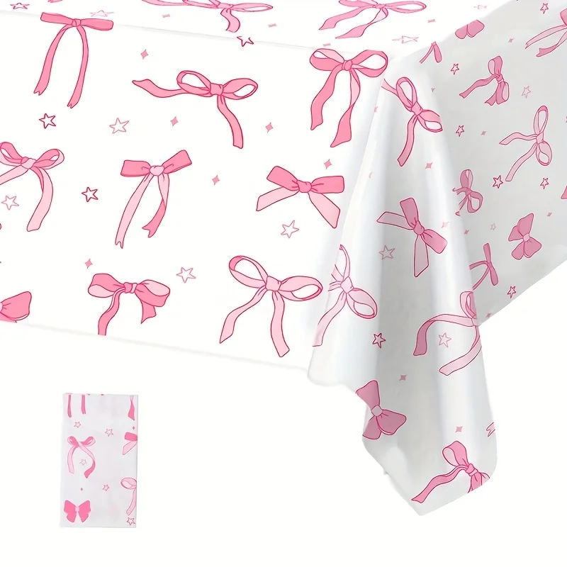 Halloween, Christmas, 1pc, Pink Bow Theme Tablecloth, 86.61 X 51.18inch, Full Version Bow Disposable Plastic Tablecover, Wedding