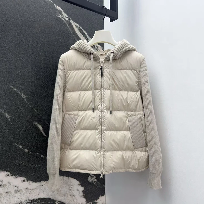 Dameswollen patchwork donsjack met capuchon, modieuze, casual en veelzijdige warme jas, hoge kwaliteit, herfst en winter,